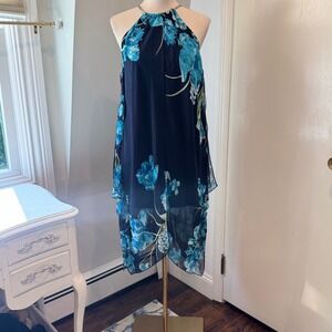 Stella & Julie Navy Blue Floral Halter Dress Chain Neck Stunning | Size 4